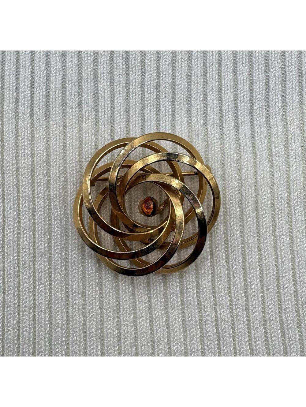 Vintage Gold Tone Abstract Swirl Circle Brooch Pin Rhinestone Mid Century